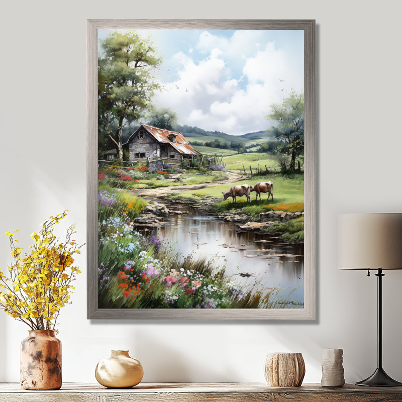 «Relaxing Farm Charm» - Art mural ferme, H 32 po x l 24 po x P 1 po, Cadre simple argenté