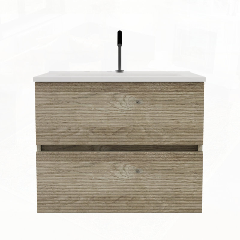 Wall Mounted Bathroom Vanity with Integrated Ceramic Sink with Overflow, Oak