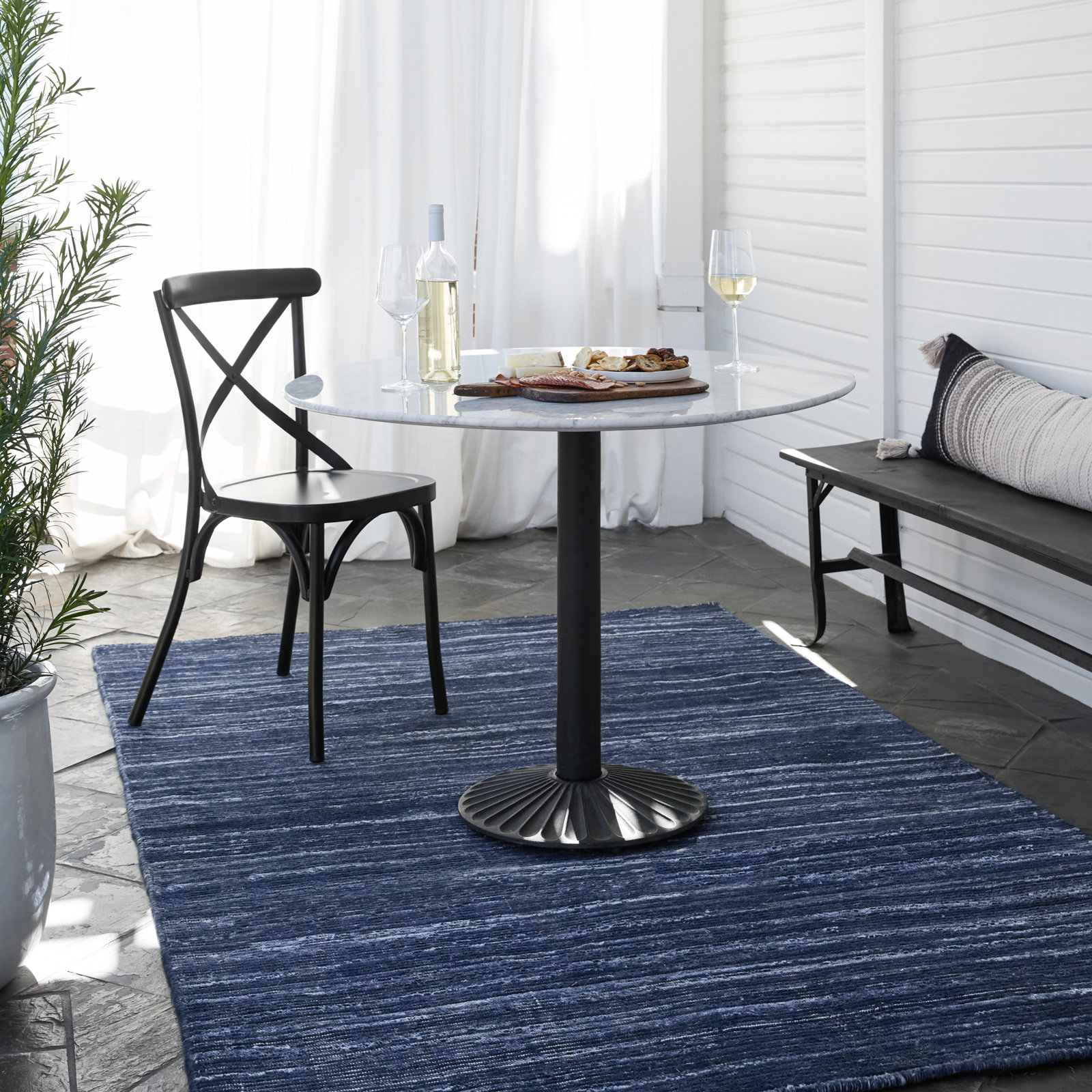 Caron Navy Hand-Woven Striped Rug, Rectangle 5' x 8'