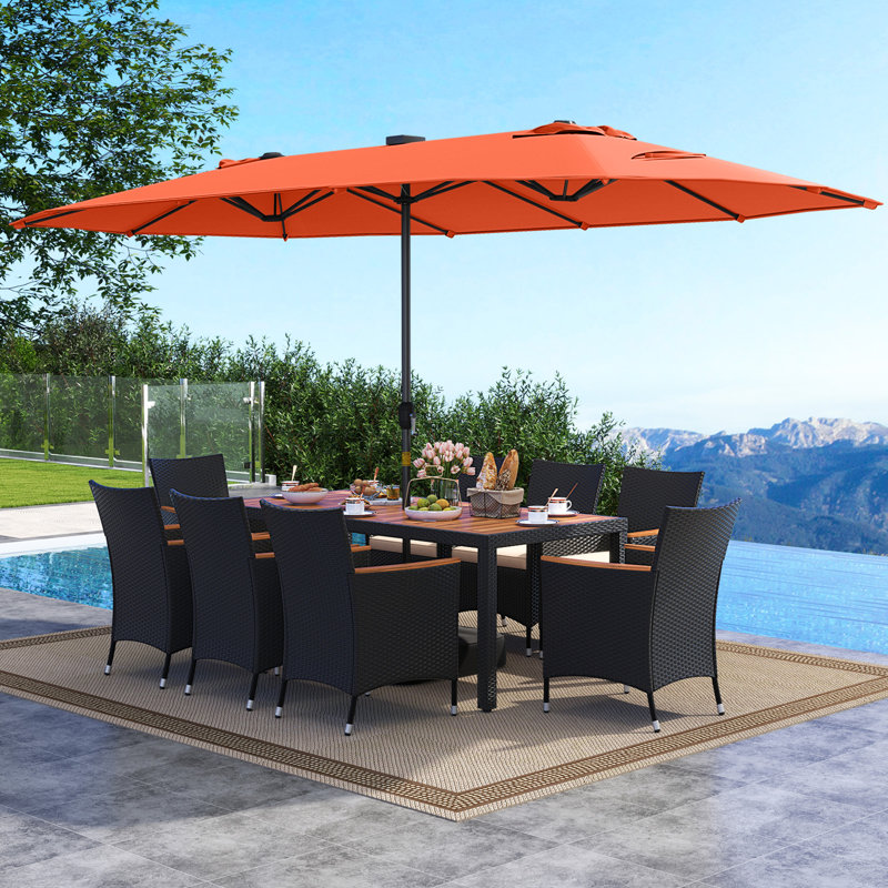 Set Of 11 Patio Dining Set w/ 15ft Double-Sided Patio Umbrella (Base Included) Orange, Beige, Orange