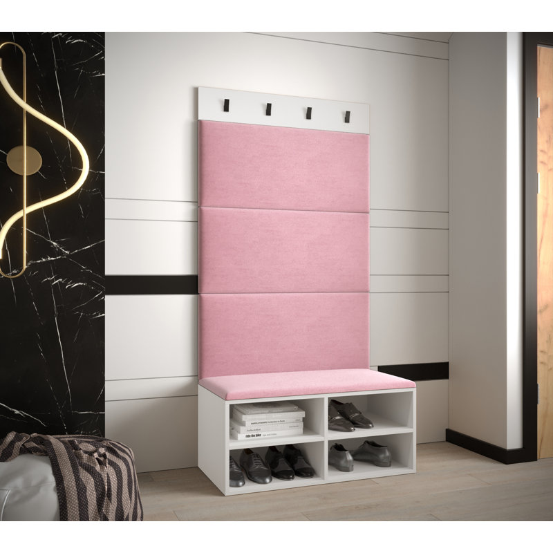 Jauli Hall Tree 84cm Wide with Bench and Shoe Storage, White Matt/Pink
