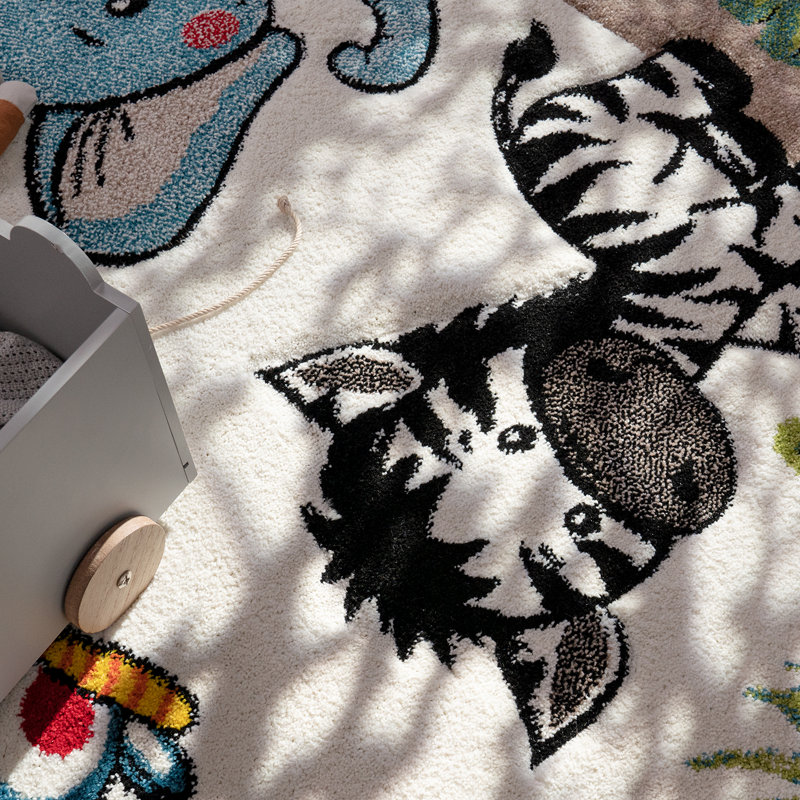 Colorful Jungle Animals Square Kids Rug in Beige and Green
