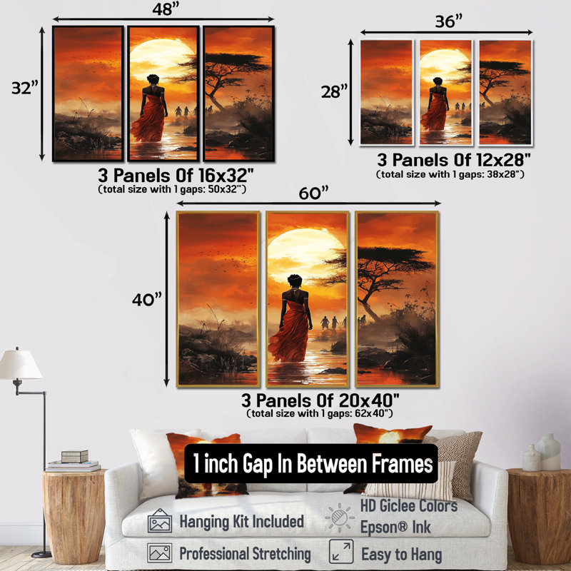 Orange African Journey IV - Africa Landscape Wall Art Print Set, Black Floater Framed Canvas, 28" H x 36" W x 1" D