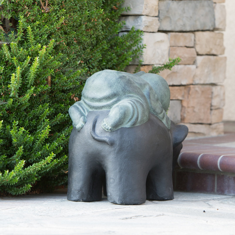 Statue de jardin moine sur éléphant Shaolin, Vert rustique / noir