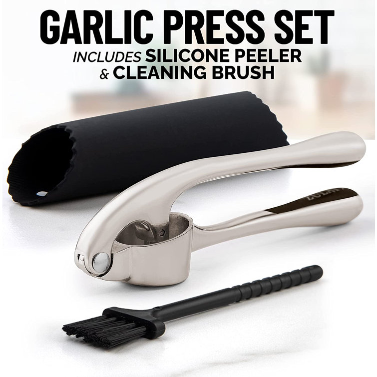 Zulay Kitchen Premium Garlic Press Set - Soft, Easy-Squeeze Ergonomic  Handle with Silicone Garlic Peeler & Cleaning Brush - 3-Piece Garlic Mincer  Tool