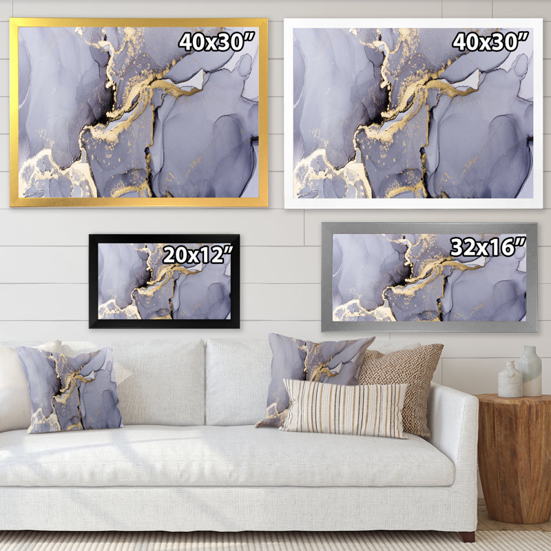 Purple And Gold Liquid Ink Art - Print on Canvas, White Picture Frame, 12" H x 20" W