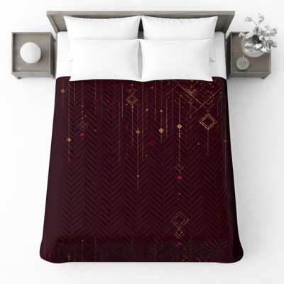 Burgundy Gold Geometric Lines Quilted Bedspread All Sizes