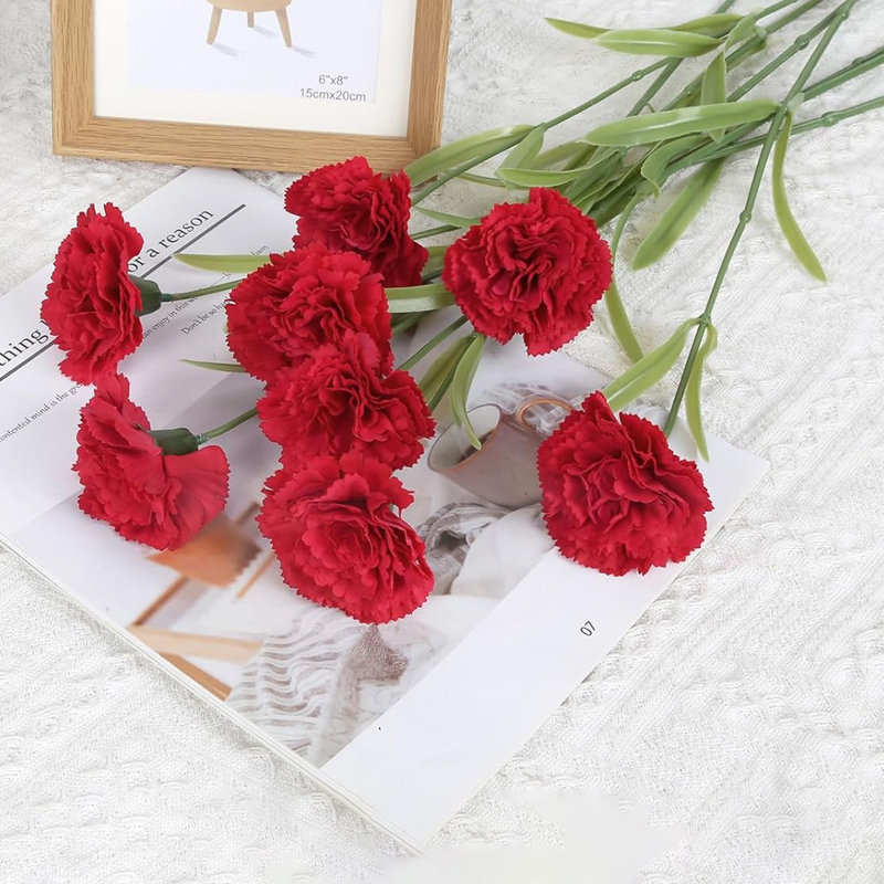6 œillets fleurs artificielles avec tiges, Rouge