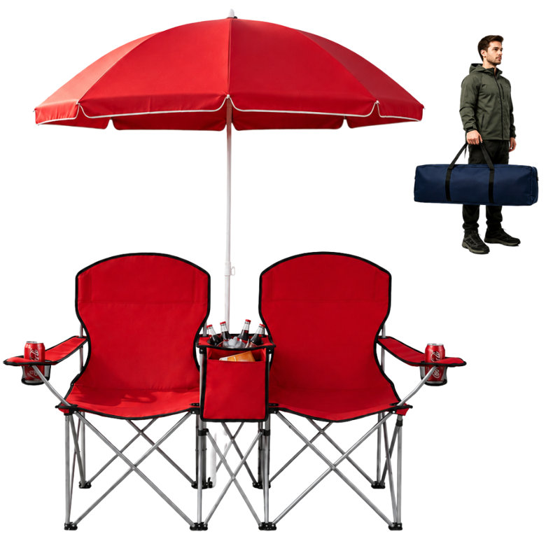 Chaise d'extérieur à double siège avec parasol, Rouge