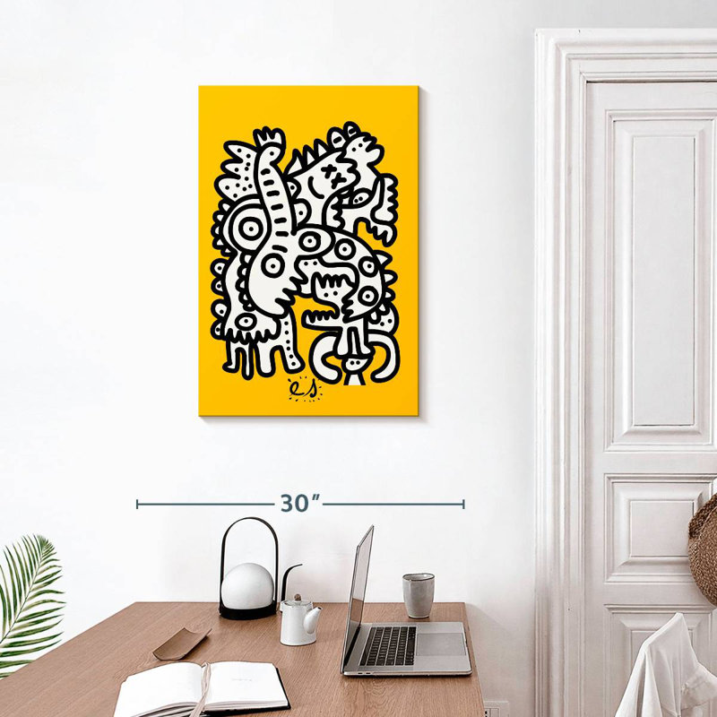 Ashelle graffiti noir et blanc sur fond jaune, H 30 po x l 20 po
