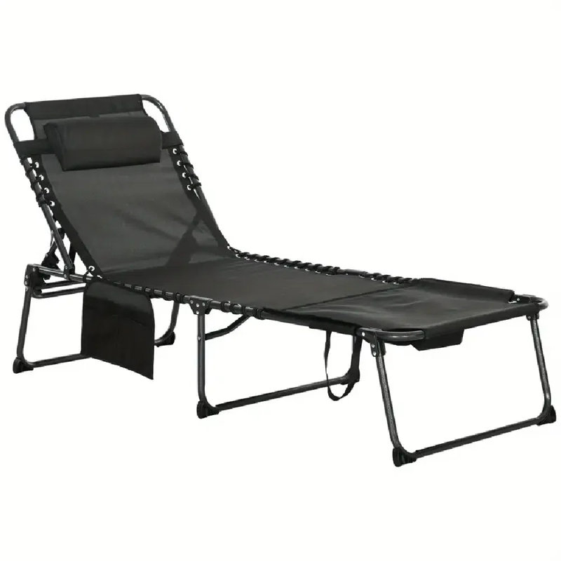 1Pc Adult Folding Chaise Lounge Chair With 5-Level Reclining Back, Steel Frame, Portable Outdoor Tanning Chair With Face Hole, Side Pocket & Headrest For Beach, Yard, Patio - Black