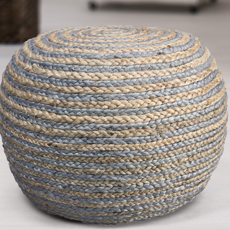 Ahlers Modern Coastal Striped Handmade Jute Round Ottoman Pouf, Natural/Gray