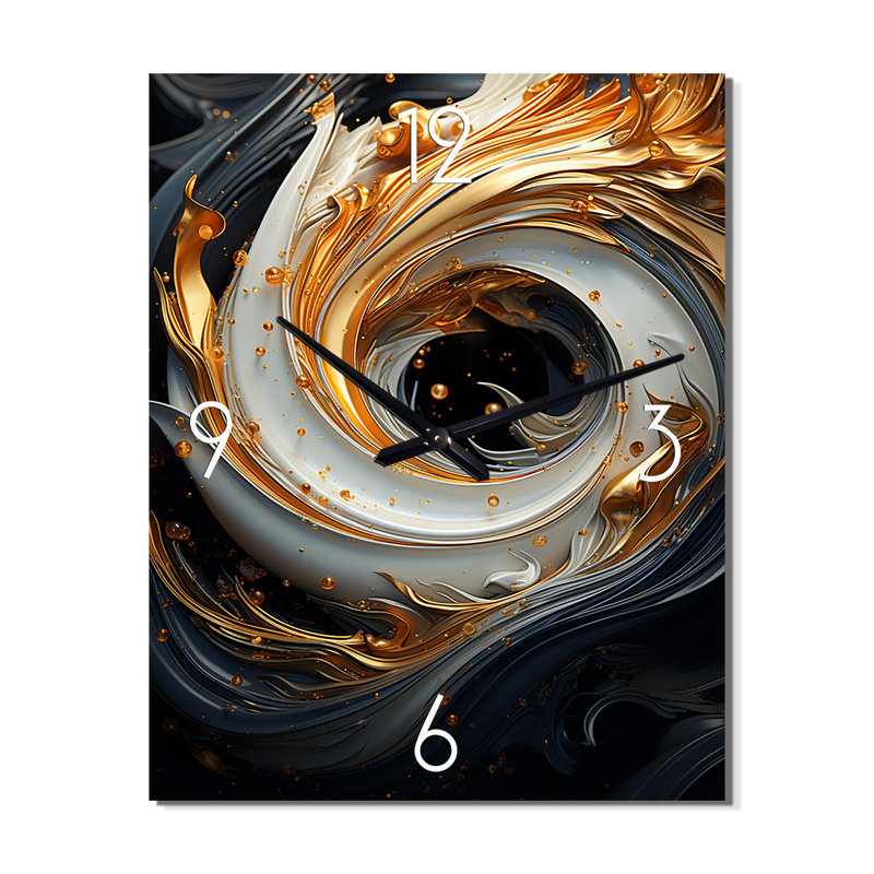 Ornement en spirale liquide or et noir II - Spirales abstraites très grandes horloges murales, H 32 po x l 16 po x P 1 po
