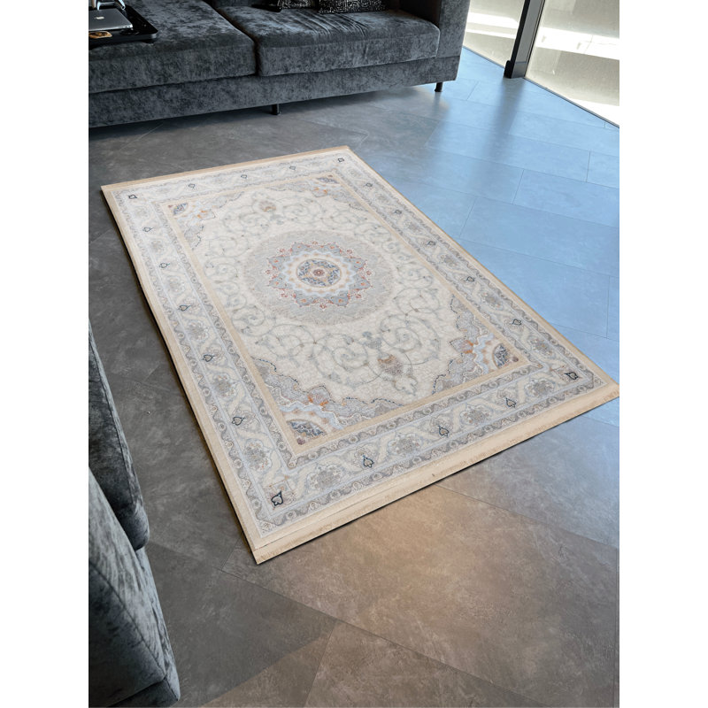 Tapis décoratif rétro à motif floral à motifs traditionnels gris et beige, Rectangle 4 pi 7,12 po x 6 pi 6,74 po