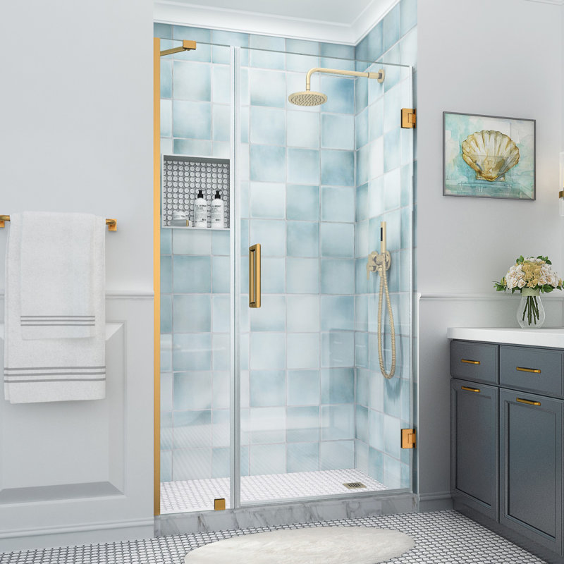 Belmore XL 45.25 - 46.25 in. x 80 in. Frameless Hinged Shower Door with Ultra-Bright Glass, Brushed Gold, Clear Glass
