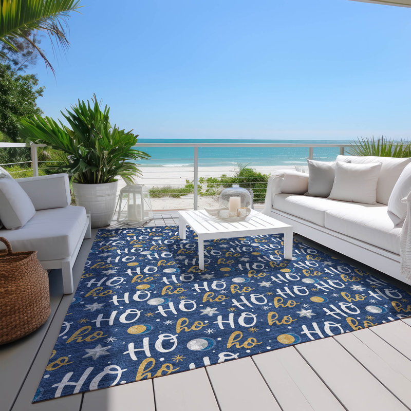 Machine Washable Indoor/Outdoor Snowflake Ho Ho Ho Xhevrie Navy Rug, Rectangle 9' x 12'