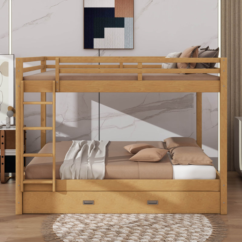 Lit superposé en bois avec échelle et lit gigogne extensible Queen-Over-Queen, Bois