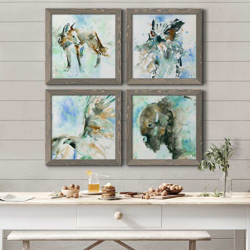 Fox on Blue - Ensemble de 4 peintures sur toiles encadrées, Toile avec encadrement gris, H 17 po x l 34 po x P 1,5 po