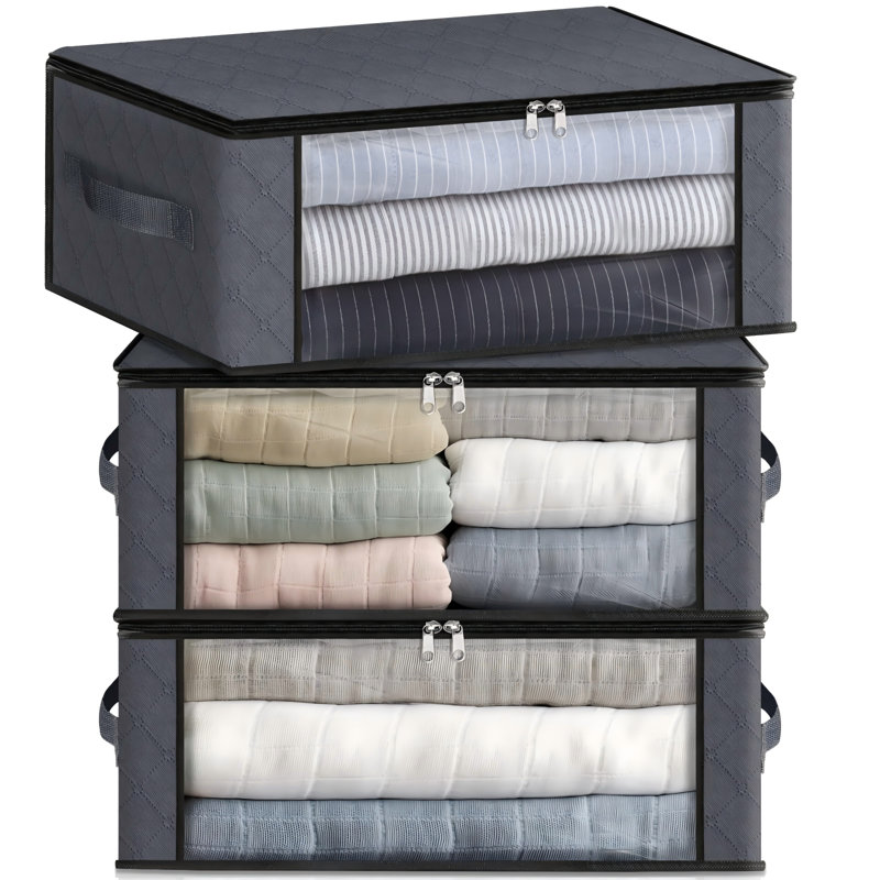 Clothes Organizer Storage Bags Foldable Storage Box With Large Clear Window Sturdy Handles For Closet, Dorm, Pillows, Bedding, Clothes, Blankets(Gray)