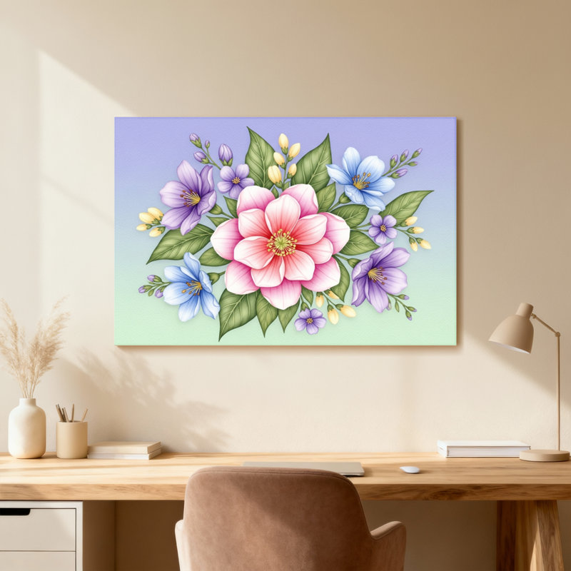 Bouquet de plantes et de fleurs avec fleurs roses et bleues, H 16 po x l 24 po, Toile tendue, Ne s’applique pas