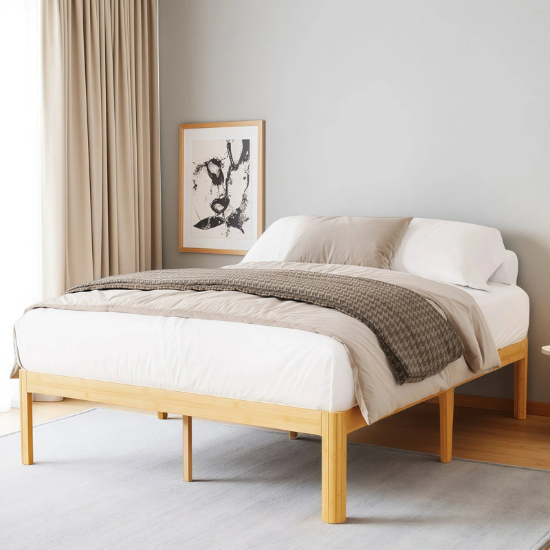 Solid Wood and Metal 14" Heavy Duty Bamboo Platform queen bed frame with Iron Legs-Sturdy, Eco-Friendly Tool-Free Assembly, Double Beds for Couples & Families, Spacious Design for Master Bedrooms & Shared Living Space
