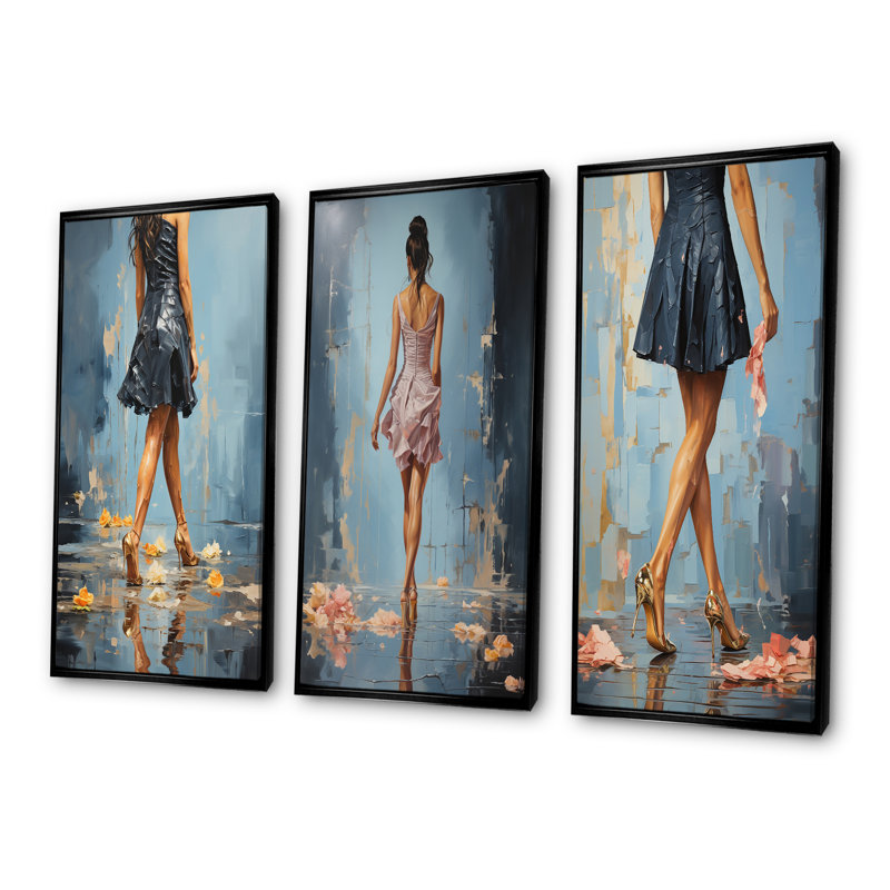 Glamour Gait, peinture de femme, talons I, Cadre flottant noir, H 32 po x l 48 po