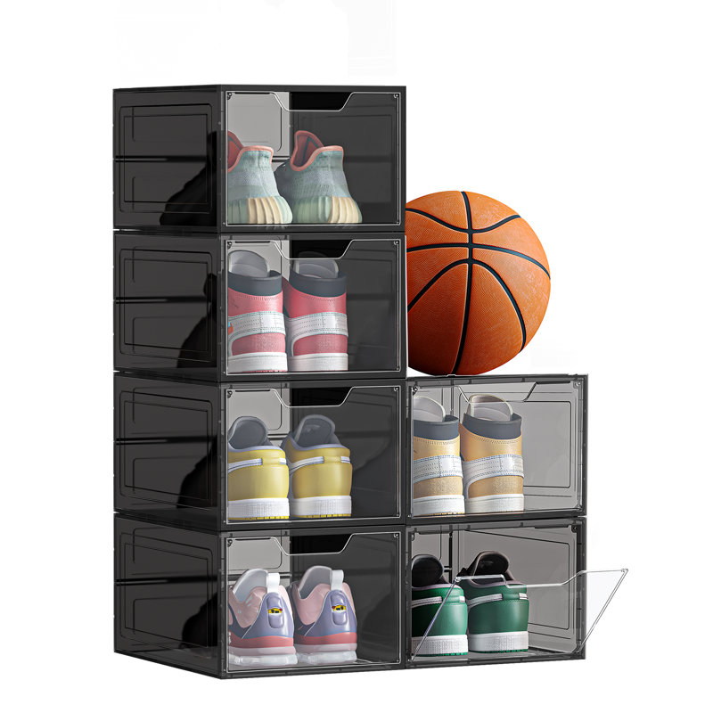 6 Pair Stackable Shoe Storage Box, Black