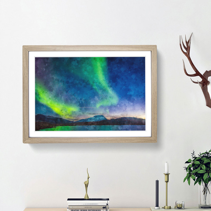 Green Polar Lights over Sweden - Picture Frame Painting Print, 62cm H x 87cm W x 2cm D, Oak Framed