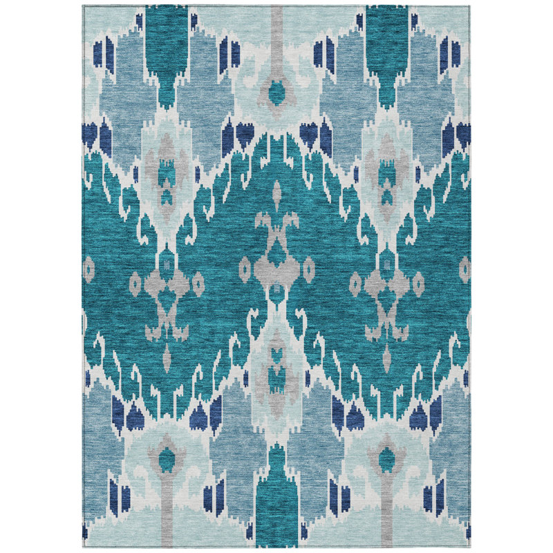 HomeRoots 3' X 5' Teal Blue Navy Blue And Gray Ikat Washable Indoor Outdoor Area Rug