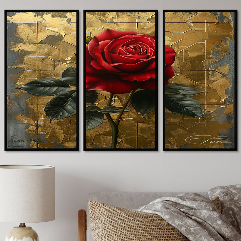 Ensemble de salon art mural rétro rose rouge I, Cadre flottant noir, H 40 po x l 60 po x P 1 po