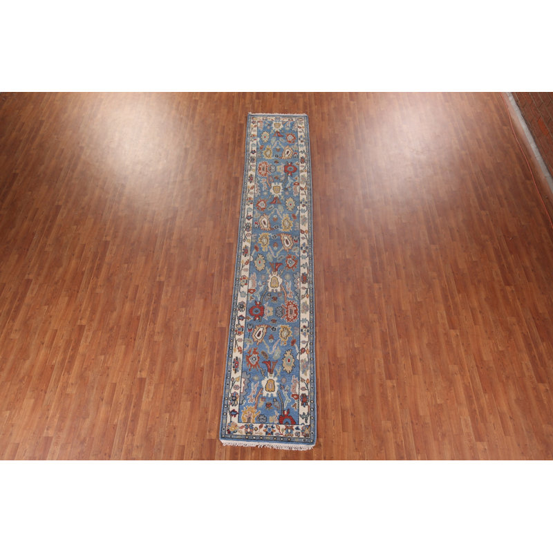 Tapis de couloir oriental bleu clair fait à la main Oushak 2 x 14