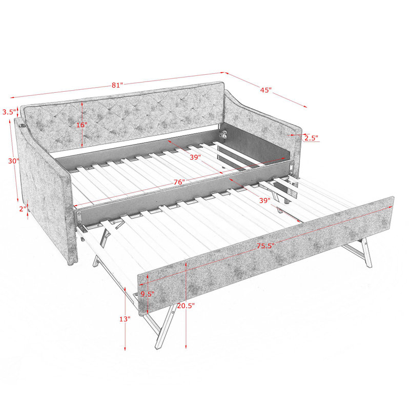 Twin Size Upholstered Daybed with Pop-Up Trundle & USB Charging, Modern Fabric Twin Bed,Grey, Gray