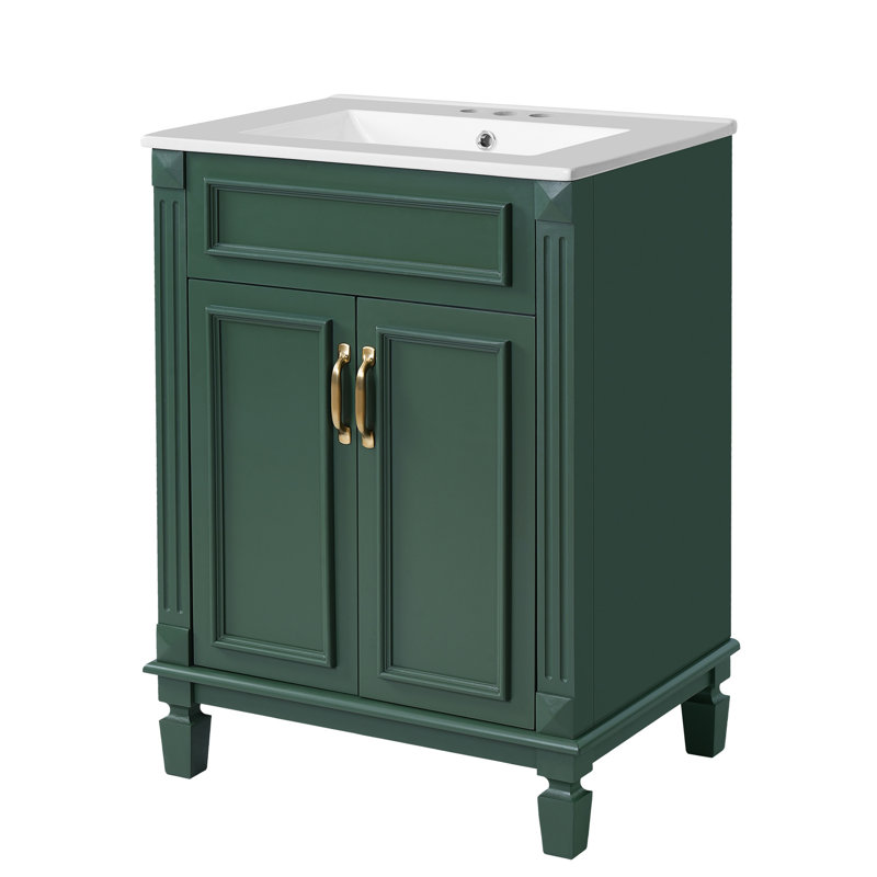 24'' Freestanding Bathroom Vanity With Ceramic Sink, Green, Gold