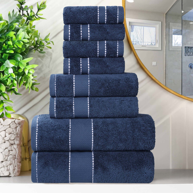 Niles Egyptian Giza Cotton, Diamond Dobby Border, Ultra-Plush Thick, Soft Absorbent, 8 Piece Towel Set, Navy Blue