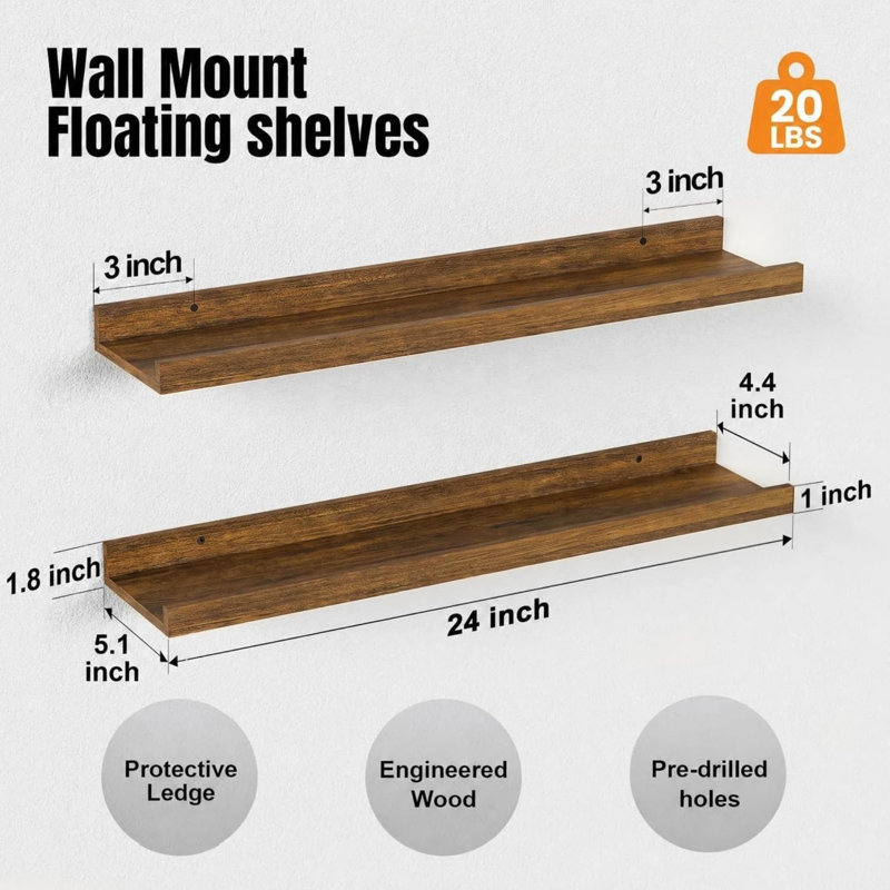 Étagères murales flottantes de 61 cm (24 pouces) de long, ensemble de 5 avec rebord, brun