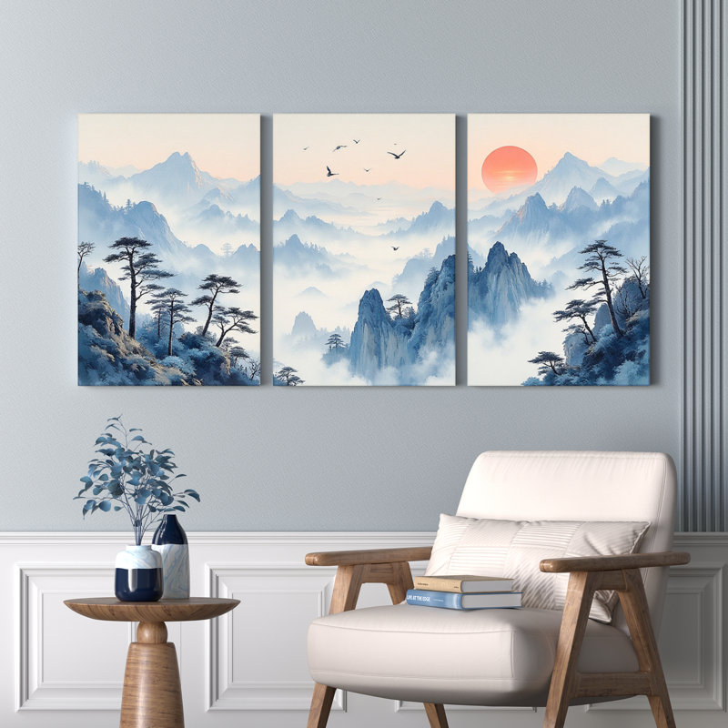 Tableau sur toile de paysage chinois (lot de 3), H 18 po x l 36 po