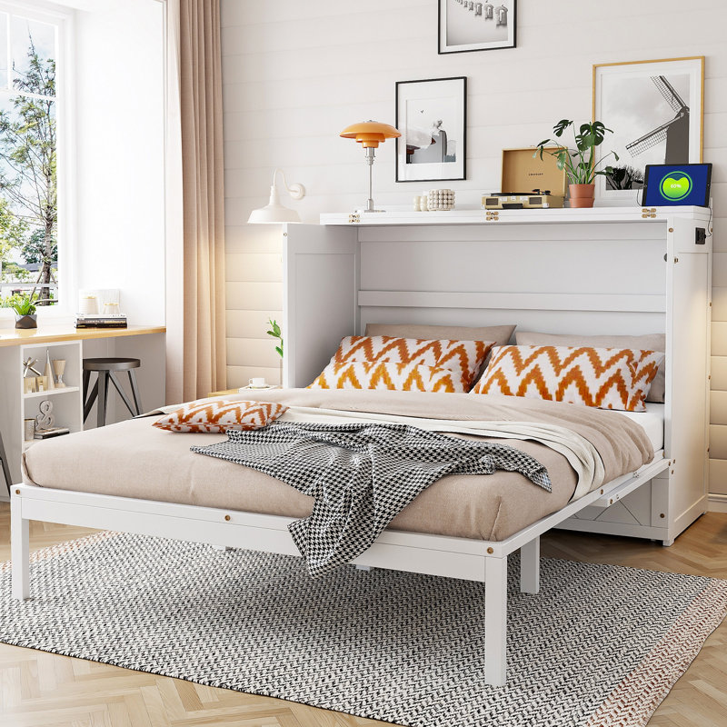 Grand lit escamotable mural avec tiroir et un ensemble de prises et de ports USB, blanc (ancien sku: LP000400AAK), Blanc