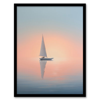 Mercides Simple Sail Boat Reflection Sea Ocean Sunset Minimalist - Single Picture Frame Print