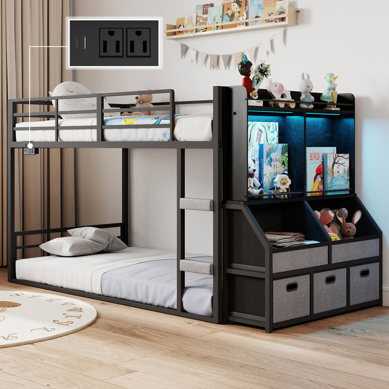 Twin Over Twin bunk Bed with LED and Storage Shelves and Drawer，Metal Floor Bunk Bed with Safety Guardrail, Bunk Bed for Kids