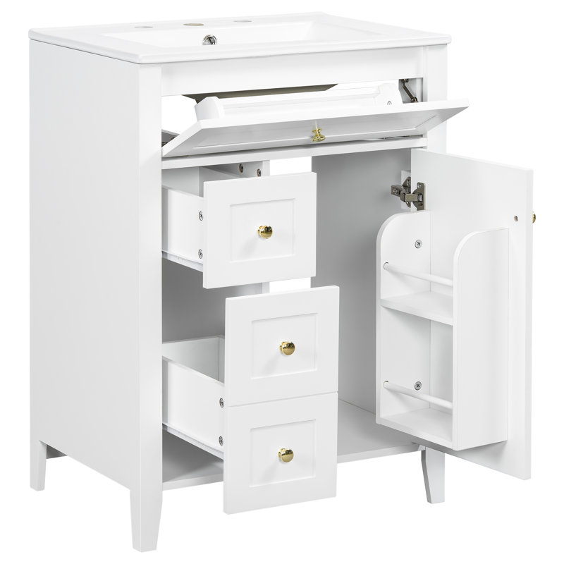 Meuble-lavabo moderne de 61 cm (24 po) avec grand espace de rangement, lavabo en céramique intégré, portes d'armoire robustes en MDF et 3 tiroirs (blanc)