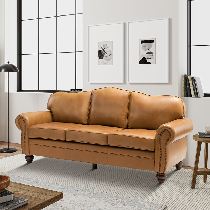 Damore 81'' Wide Genuine Leather Sofa, Camel Genuine Leather