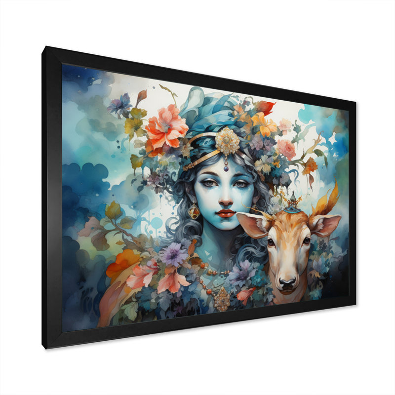 «Hinduisim Art Vrindavans Playful II» - Art mural de l'hindouisme, Cadre simple noir, H 34 po x l 44 po x P 1,5 po
