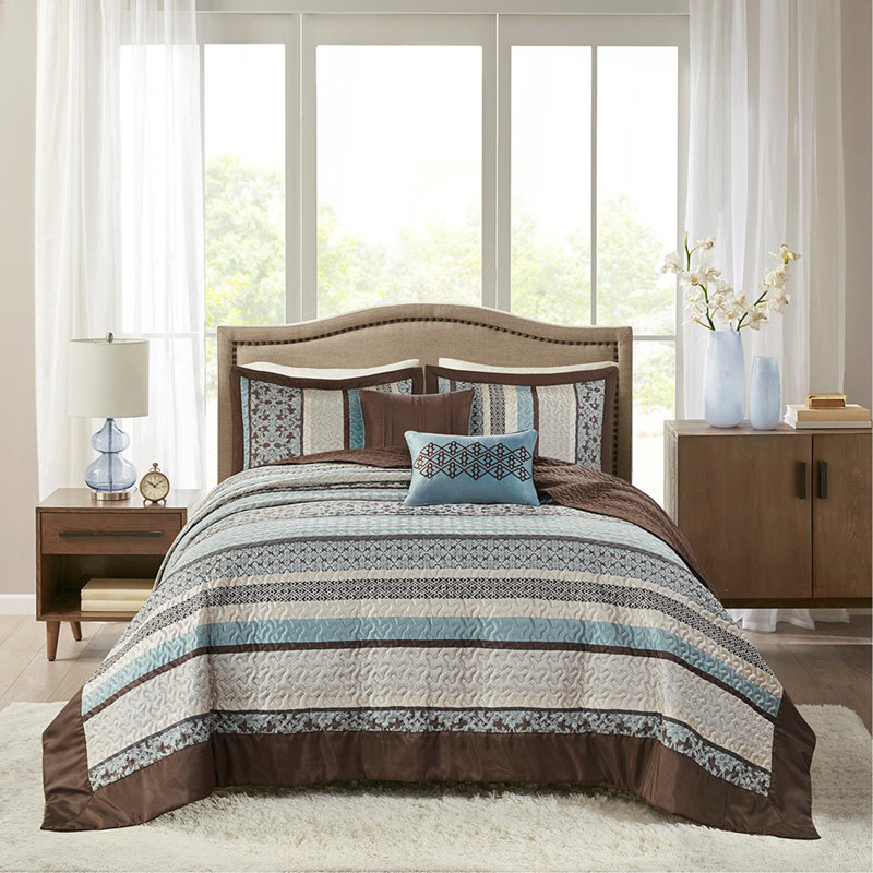 Ensemble de courtepointe 5 pièces jacquard avec coussins décoratifs bleu double / grand