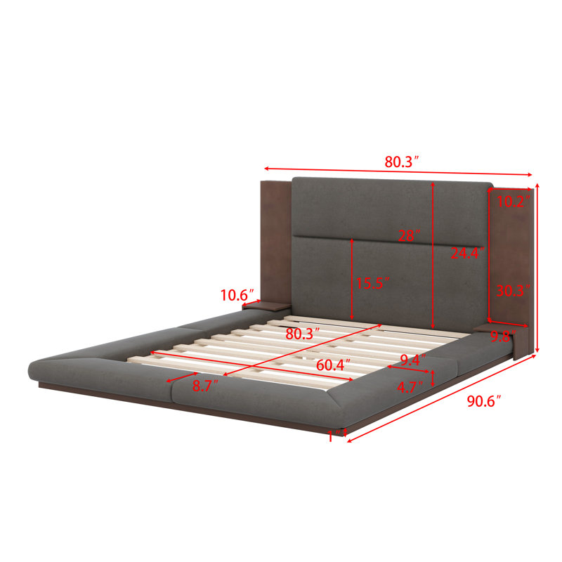 Floor Upholstered Platform Bed With Extended Wood Headboard & Bedside Shelf, Queen