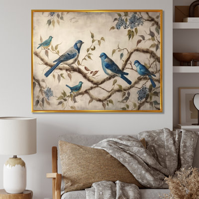 Four Vintage Blue Birds On A Branch I - Bird Canvas Print
