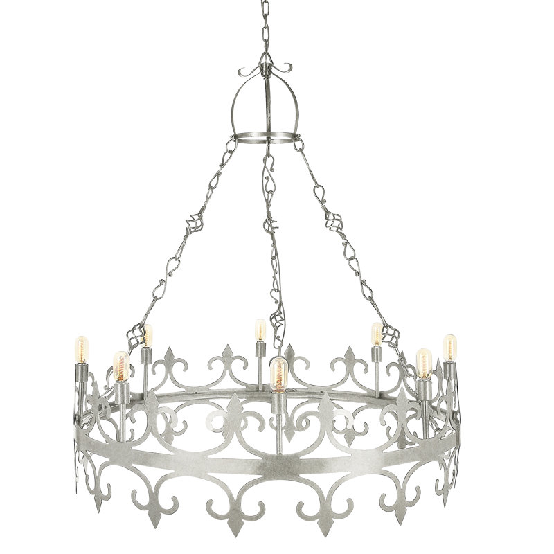 Venetian 8 - Light Candle Style Wagon Wheel Chandelier with Wrought Iron Accents, Oyster White