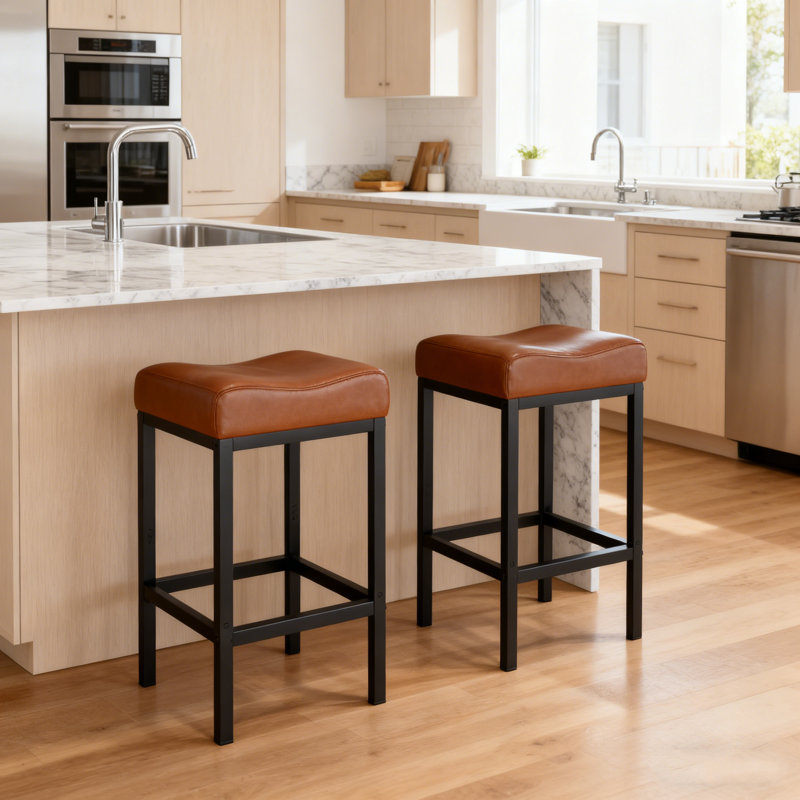 Bar Stools Set Of 2, 24 Inch Backless Counter Height Bar Stools With Soft Leather Seat, 400 Lb Heavy Duty Padded Saddle Barstool Chair For Modern Kitchen Island Counter