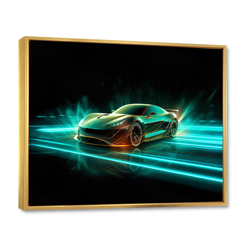 Voiture exotique bleu sarcelle néon III, Cadre flottant doré, H 30 po x l 40 po x P 1,5 po