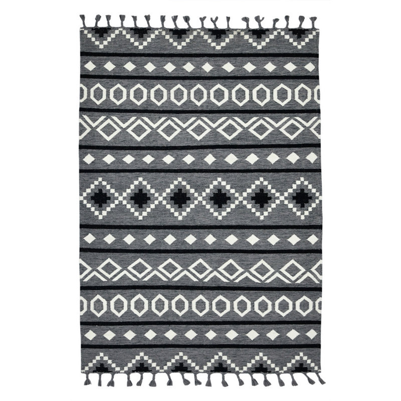 3' X 5' Gray White And Black Wool Tribal Flatweave Handmade Area Rug With Fringe