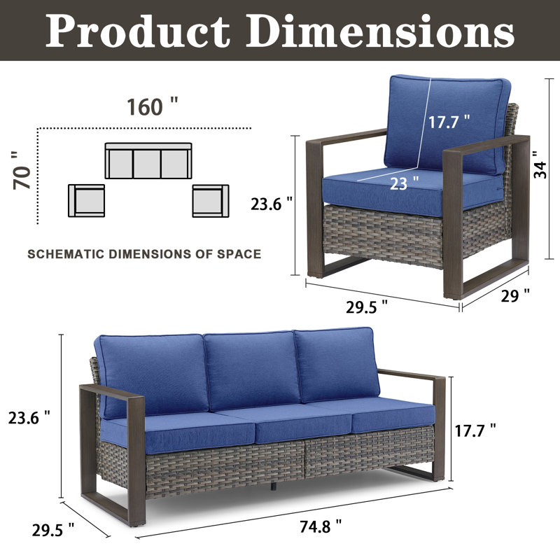 Kelyse Wicker 5 - Person Patio Conversation Set with Cushions, Gray, Blue